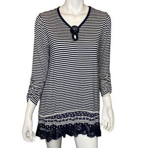 ALI MILES‎ Navy Printed Boho Tunic Top Soft Stretch Jersey Knit Women’s M